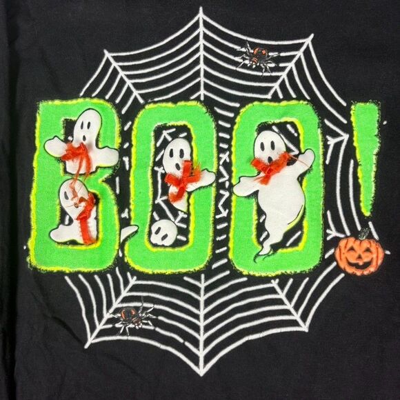 Vintage 90s Halloween Black BOO Ghost Shirt L Glow Spider Web Long Sleeve Hanes - Picture 2 of 10